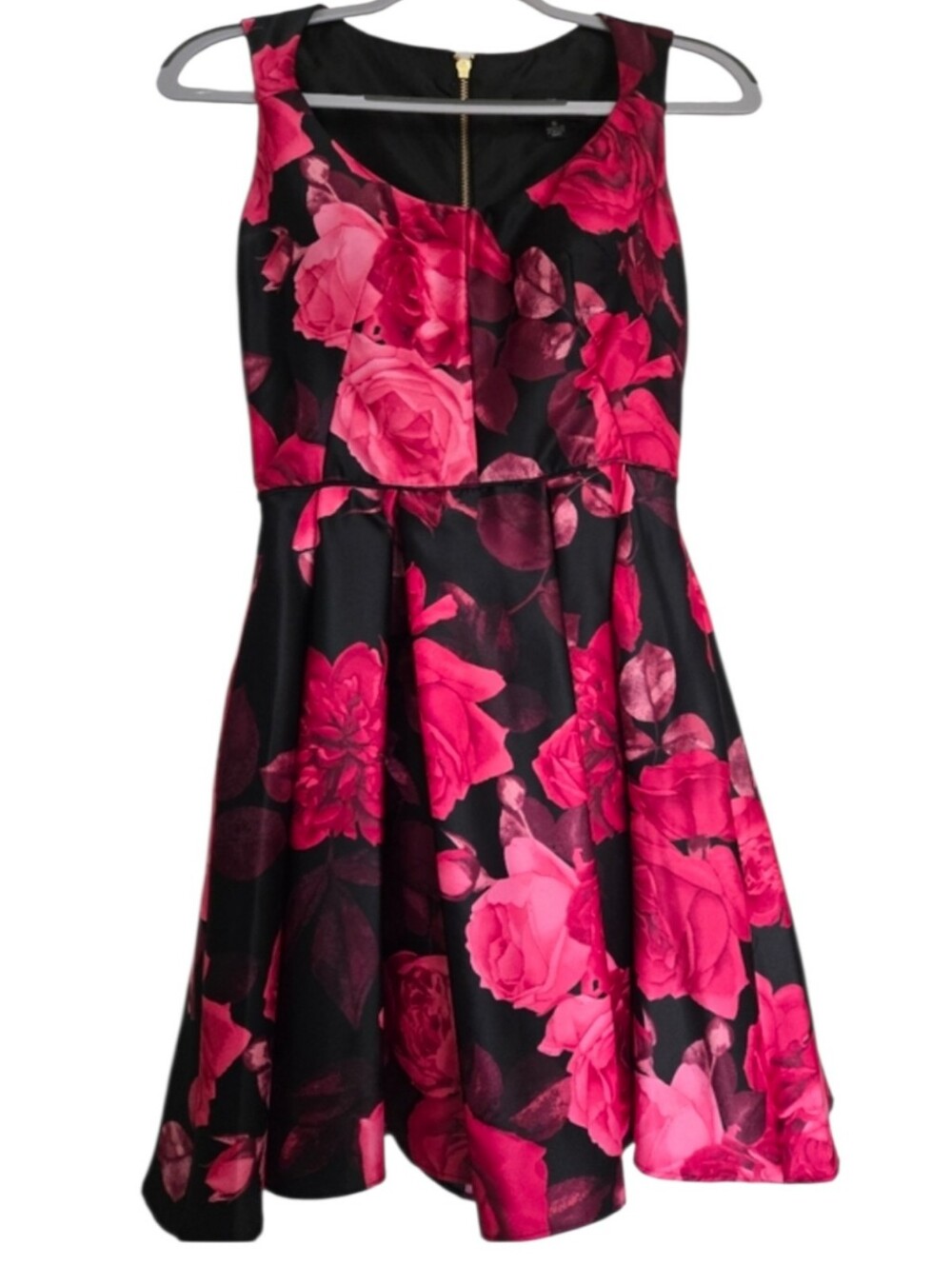 Betsy and Adam Black Satin Rose Midi Dress Fit & Flare Floral Sz 6